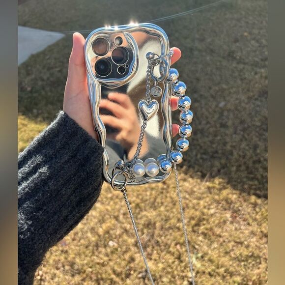 Silver Mirror iPhone 16 Case with Chain and Beads - Picture 5 of 9